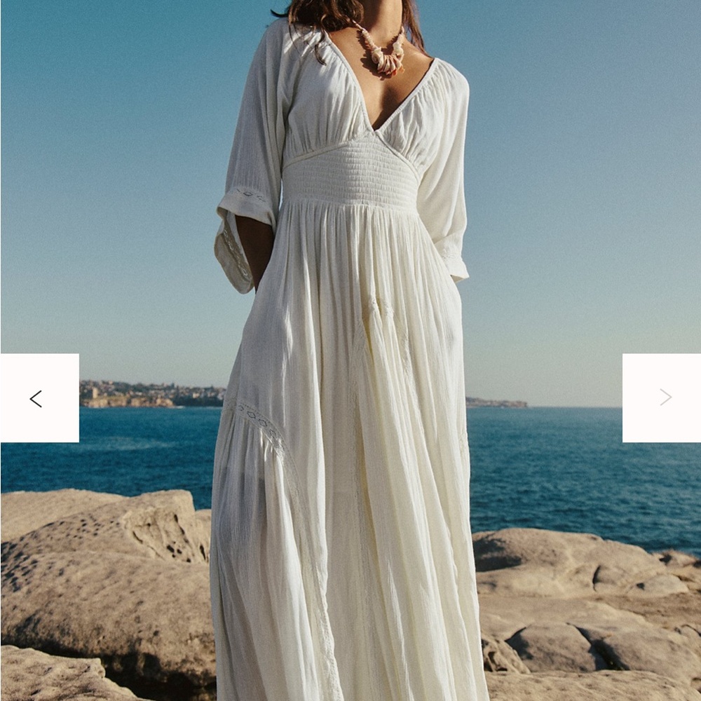 Free People Ivory Smocked-Waist V-Neck Maxi Dress